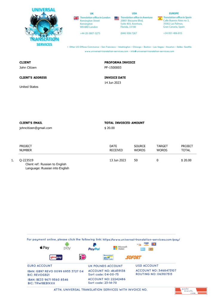 USA Universal Translation Services invoice Word and PDF template PSD template